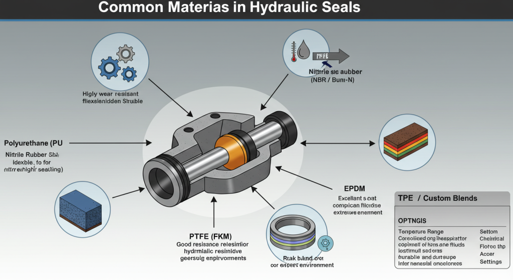 What materials are hydraulic seals typically made from?